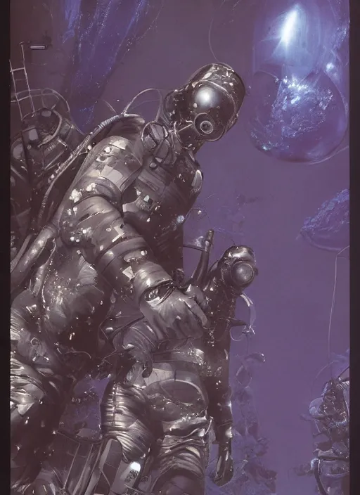 Image similar to astronauts in dark and empty void underwater - complex and hyperdetailed technical suit. reflection and dispersion materials. rays and dispersion of light. volumetric light. 5 0 mm, f / 3 2. noise film photo. flash photography. ultra realistic, wide angle. poster by wayne barlowe, hajime sorayama aaron horkey, craig mullins