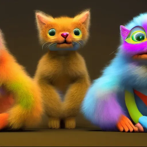 Image similar to cute colorful fuzzy alien cat creatures with long flowing detailed striped fur, detailed high quality 3 d render unreal engine in the style of maurice sendak, 4 k