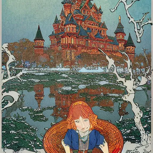 Prompt: detailed ivan bilibin and edmund dulac and ilya kuvshinov and katsuhiro otomo inspired print of a castle in winter