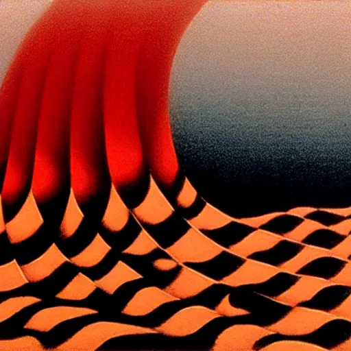 Image similar to a warped tunnel of irregular red and black checkerboard pattern drowns out a desperate voice, film still of a movie directed by Zdzisław Beksiński