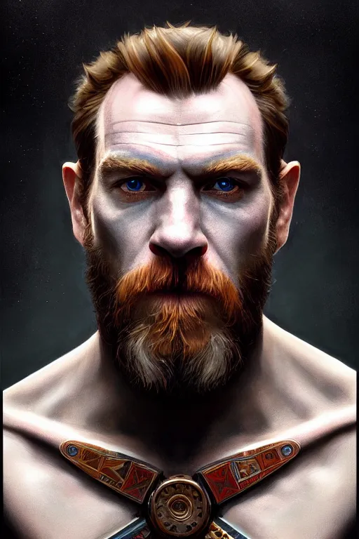 Image similar to symmetry!! portrait of willem ewan mcgregor in the style of god of war, machine parts embedded into face, intricate, elegant, highly detailed, digital painting, artstation, concept art, smooth, sharp focus, illustration, art by artgerm and greg rutkowski and alphonse mucha, 8 k