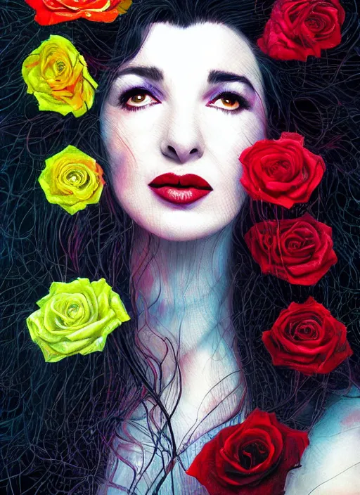 Prompt: portrait of kate bush against a neon multicolored background, lush black hair, pale skin, small white and red roses, flowing material, intricate, beautiful cinematic lighting, stunning painting by android jones, wadim kashin, annie leibovitz