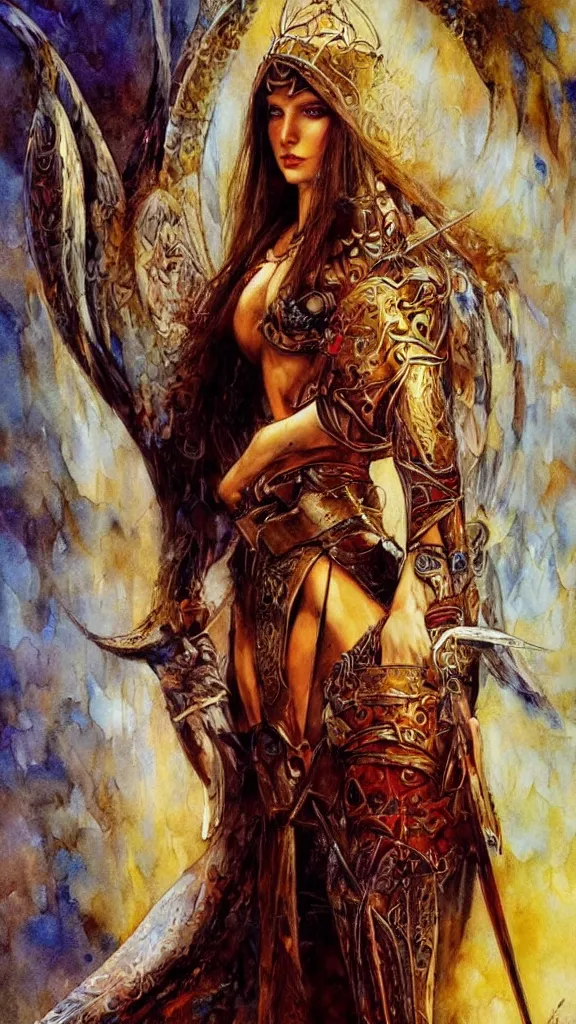 Prompt: a beautiful young medieval warrior, by karol bak, fine art, watercolor, technicolor, angelic