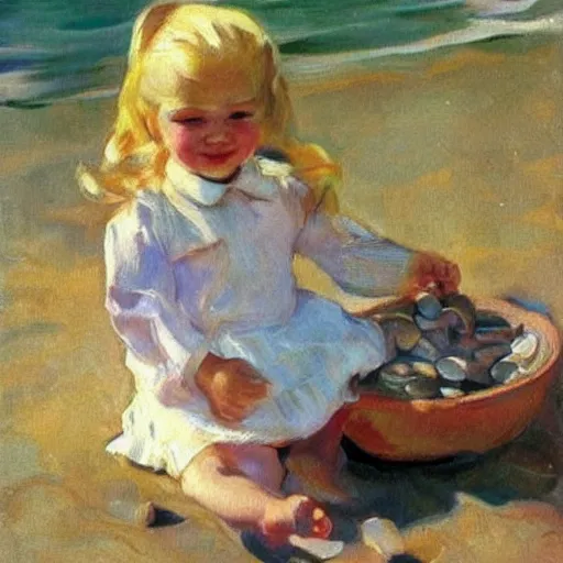 Image similar to A 2 year old girl playing with small abalone shells, blond hair. Painting by Sorolla