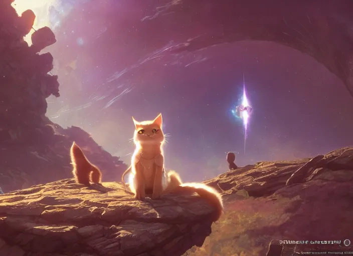 Image similar to a space cat staring role in a musical sci - fi space opera ghibli animated film, volumetric lighting, octane render by stanley artgerm lau, greg rutkowski, thomas kindkade, alphonse mucha, loish, norman rockwel,