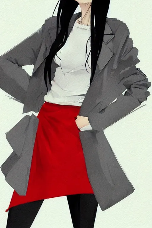 Image similar to a ultradetailed painting of a stylish woman wearing a grey jacket with red skirt, by conrad roset, greg rutkowski and makoto shinkai trending on artstation