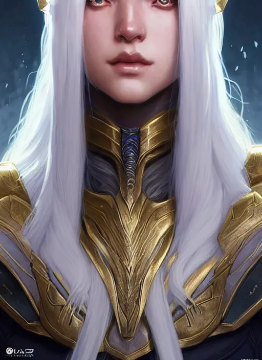 Image similar to light opal armor!!! long wild white hair!! covered chest!!! fantasy, d & d, intricate ornate details, digital painting, pretty face!!, symmetry, concept art, sharp focus, illustration, art by artgerm! greg rutkowski magali villeneuve wlop! ilya kuvshinov!!, octane render