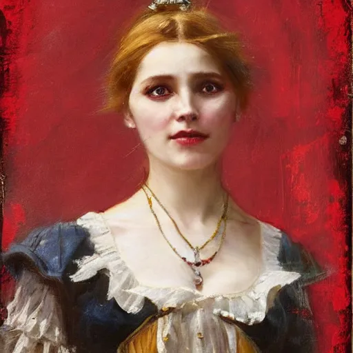 Prompt: Solomon Joseph Solomon and Richard Schmid and Jeremy Lipking victorian genre painting portrait painting of a happy young beautiful woman traditional german french actress model pirate wench in fantasy costume, red background