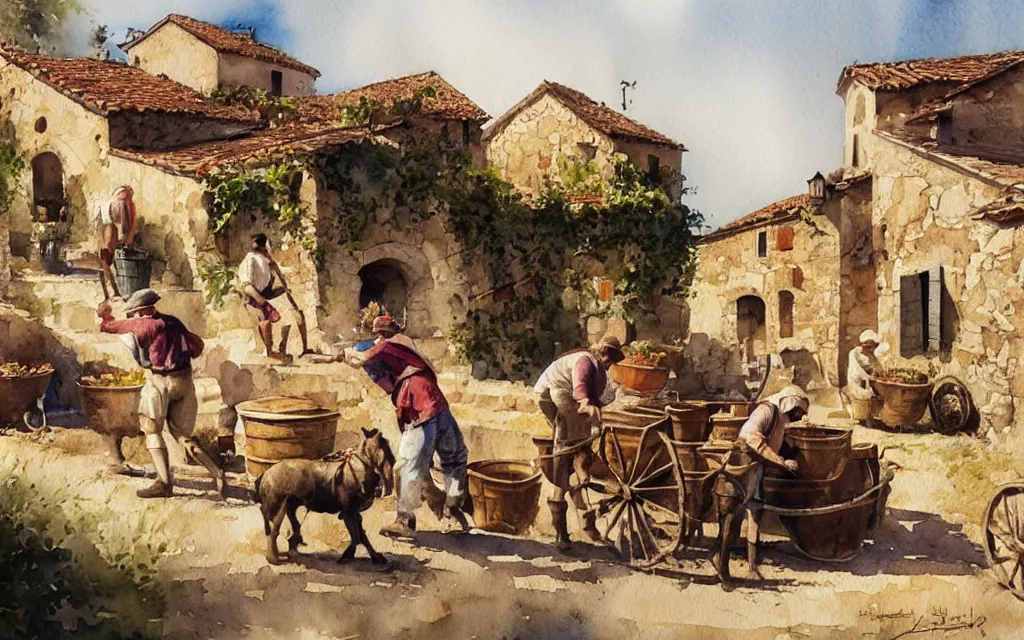 Prompt: beautiful watercolor painting by joseph zbukvic and alvaro castagnet, depicting a wine harvesting on a sunny day in a little italian village