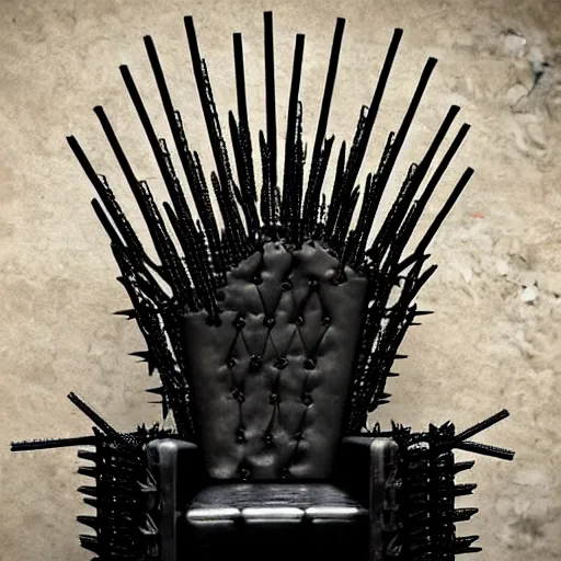 Prompt: black throne with a seat, armrests, and a back rest is encased by hundreds of rebar spikes. there are red ribbons dangling from the spikes. dystopian throne room.