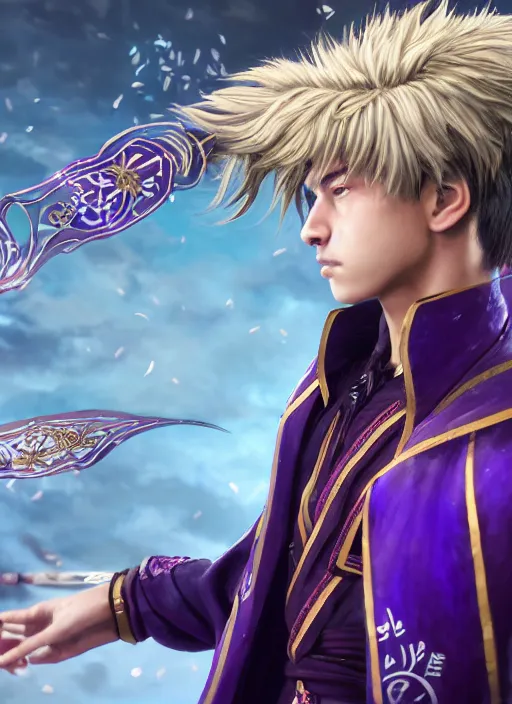 Image similar to An epic fantasy portrait painting of teenager boy with straight indigo hair, purple eyes with red eye markers, slim body, wearing a detailed Japanese kimono with golden armor pieces, holding japanese fan. Unreal 5, 8k, DAZ, hyperrealistic, octane render, studio Ufotable, Demon Slayer artstyle, cosplay, RPG portrait, dynamic lighting