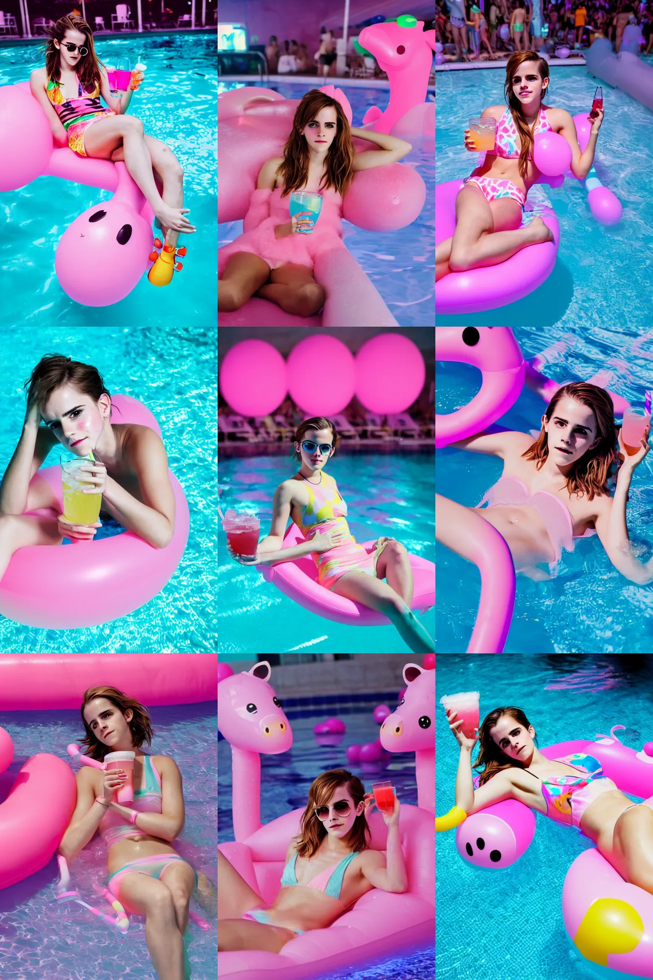 Prompt: a photo of a emma watson, holding a drink, laying in a big cute pastel pink giraffe float, having fun in a popular pool party in a modern indoors pool with cyberpunk illumination at night. visually stimulating photo. coherent. 8 k. sensual.