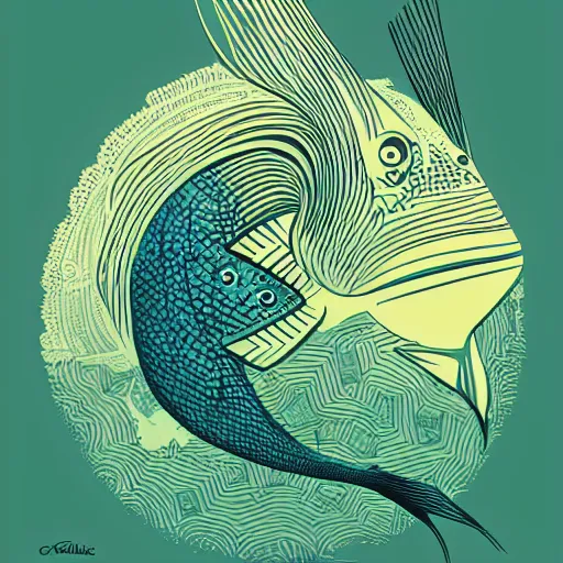 Image similar to profile of one stylized fish in center of view, dark ocean, complex patterns, artstation, intricate, realistic, highly detailed, digital painting, concept art, sharp focus, illustration by tom whalen and charles williams and kilian eng and james jean