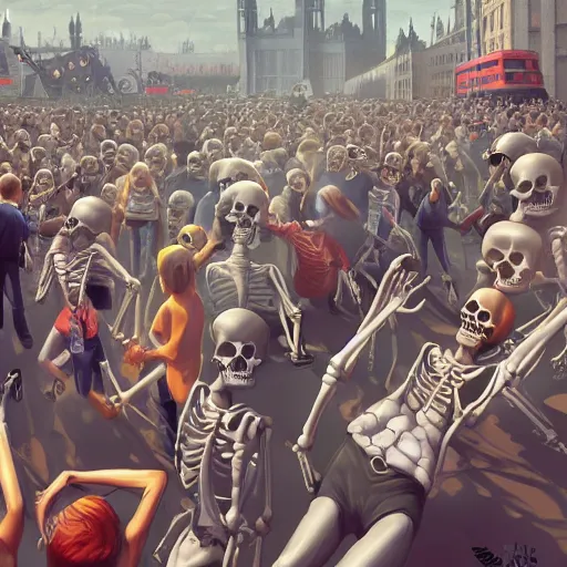 Image similar to a crowd of skeletons fight to have the last model of Iphone in London, 2d, ultra highly detailed, digital painting, smooth, sharp focus, artstation, pixiv, art by Ilya Kuvshinov