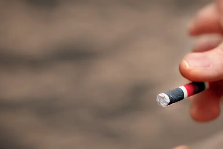 Image similar to Close-up of cigarette in five fingers, thin soft hand holding cigarette, hyper realistic, photographic style