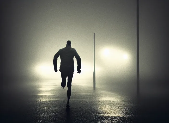 Image similar to a man runs away from the light, fog, rain, volumetric lighting, beautiful, mystique, golden hour, sharp focus, ultra detailed, concept art, jan urschel, dylan cole, noir art house, 4 k, 3 5 mm, fujifilm