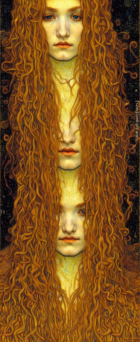 Image similar to detailed realistic beautiful young medieval queen face portrait by jean delville, gustav klimt and vincent van gogh, art nouveau, symbolist, visionary, gothic, pre - raphaelite, muted earthy colors, desaturated