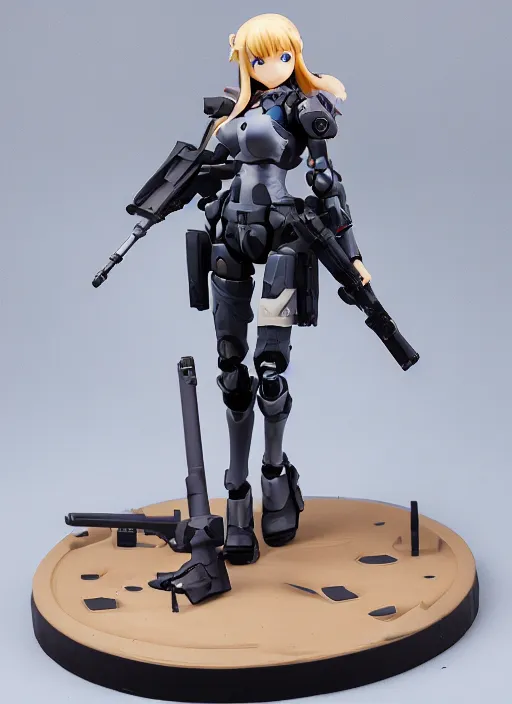 Image similar to toy design,mecha Armor, portrait of the action figure of a girl, girls frontline style, anime figma figure, studio photo, flight squadron insignia, realistic military gear, 70mm lens,