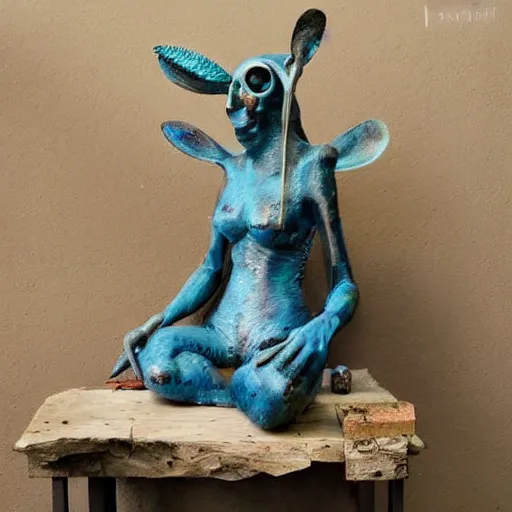 Prompt: a weird conterporary art sculpture from blue furr and metal