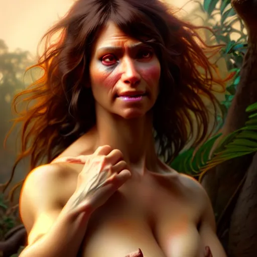 Image similar to beautiful digital painting of a cavewoman with high detail, real life skin, primal colors, 8 k, stunning detail, works by artgerm, greg rutkowski and alphonse mucha, unreal engine 5, 4 k uhd