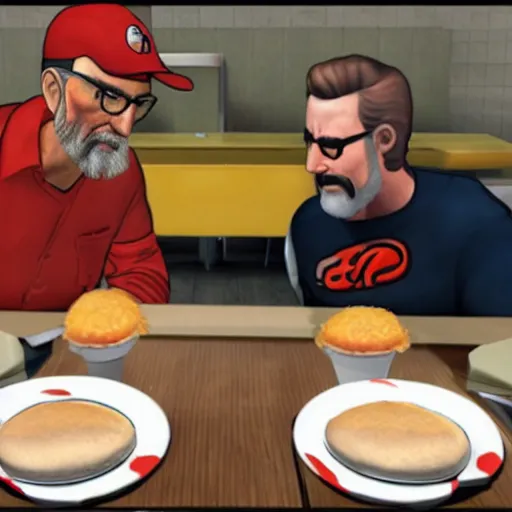 Prompt: Gordon Freeman and Gman eat at McDonalds