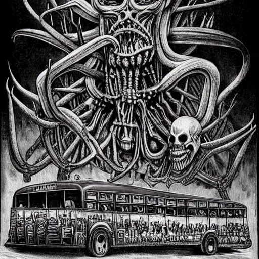 Prompt: an evil and grotesque school bus full of tortured souls. h. r. giger, h. p lovecraft, surrealism, highly detailed