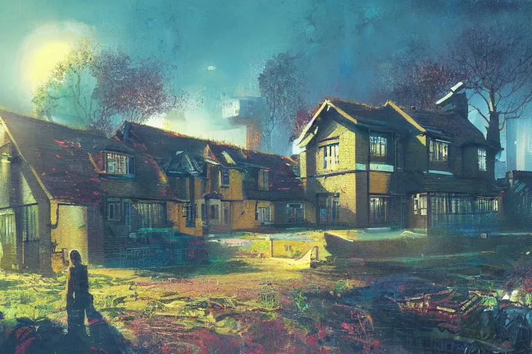 Image similar to cyberpunk, an estate agent listing photo, external view of a 5 bedroom detached countryside house in the UK, it's a sunny day, by Paul Lehr