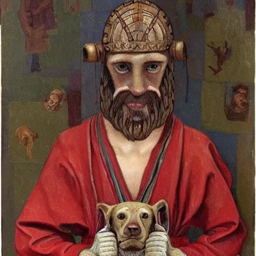 Image similar to slavic dog head man, woolen torso in medieval clothes, holding a weapon, orthodox, oil painting, concept art, hyperrealism, beautiful, high resolution, trending on artstation, by annie swynnerton and nicholas roerich, embroidered robes, elaborate costume, geometric ornament, symbolist, soft colors,,