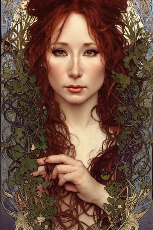 Prompt: realistic detailed face portrait of Tori Amos by Alphonse Mucha, Ayami Kojima, Amano, Charlie Bowater, Karol Bak, Greg Hildebrandt, Jean Delville, and Mark Brooks, Art Nouveau, Neo-Gothic, gothic, rich deep moody colors