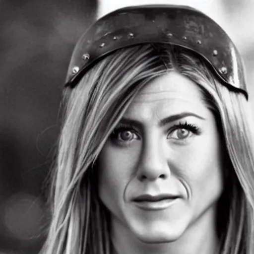 Image similar to a photo of jennifer aniston wearing a helmet from world war 2