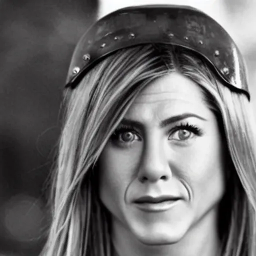 Prompt: a photo of jennifer aniston wearing a helmet from world war 2