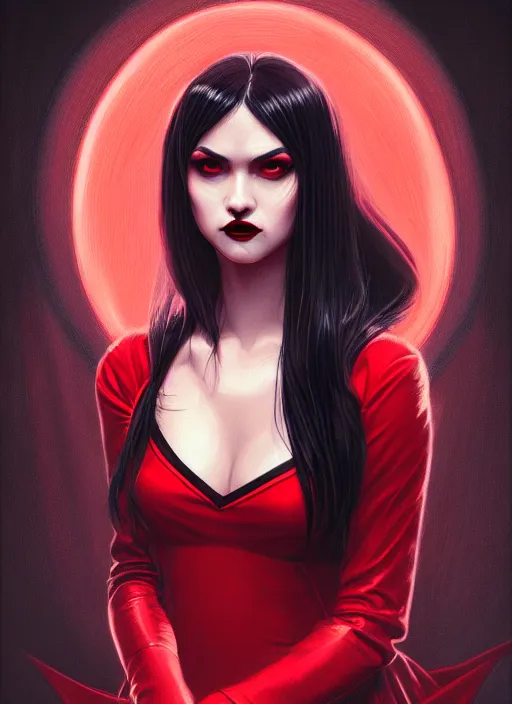 Image similar to portrait of vampire veronica lodge with bangs, vampire fangs, vampire, long hair, red clothes, bangs, vampironica, intricate, elegant, glowing lights, highly detailed, digital painting, artstation, concept art, smooth, sharp focus, illustration, art by wlop, mars ravelo and greg rutkowski