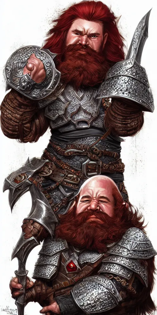 Prompt: male dwarven warrior with long red beard and chainmail armor, character portrait, concept art, intricate details, full frame, highly detailed photorealistic portrait in the style of adam hughes, seseon yoon, artgerm and warren louw