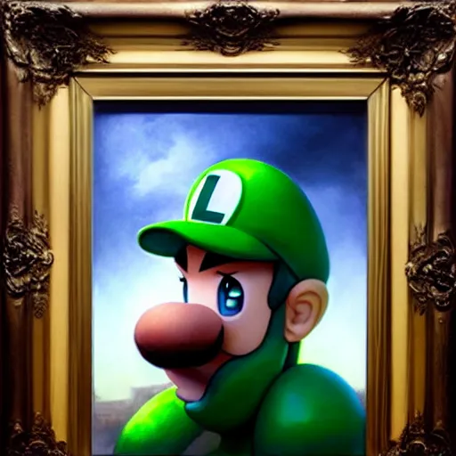 Image similar to hyper realistic, portrait of a mega derpy luigi by greg rutkowski, scott m fischer, artgerm, loish, slight glow, atmospheric, anne stokes, alexandros pyromallis