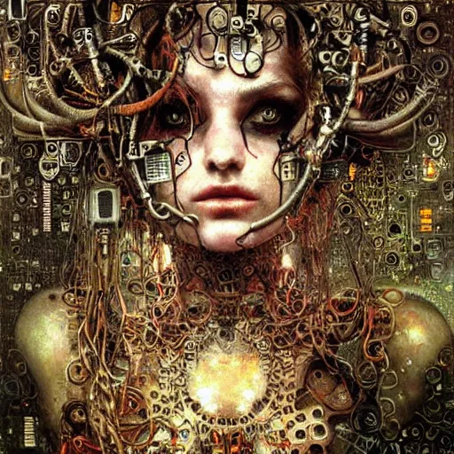 Image similar to horned cybernetic demon trapped in circuitry, intricate detail, klimt, royo,