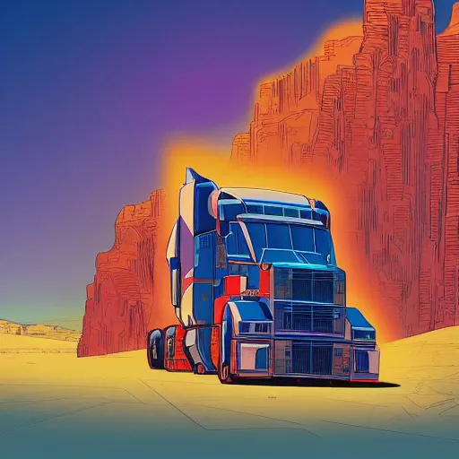 Prompt: a wide shot of transformer optimus prime truck in the desert by kilian eng and moebius