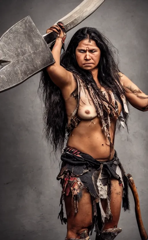 Image similar to Powerful Mestizo Woman Warrior with Axe and torn clothing