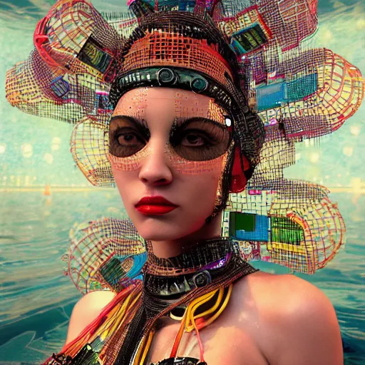 Image similar to deeper into the metaverse we go, piles of modular synth cables, kawaii puerto rican goddess swimming up wearing a headpiece made of circuit boards, by cameron gray, wlop, stanley kubrick, masamune, hideki anno, jamie hewlett, unique perspective, trending on artstation, 3 d render, vivid