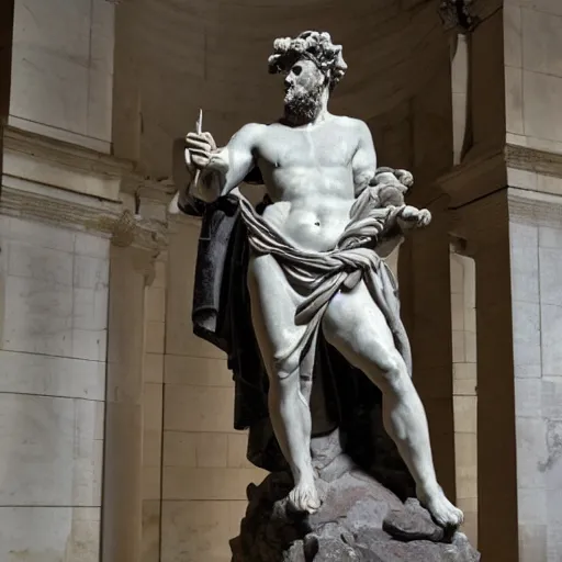 Image similar to marble statue Hephaestus at the Forge by Guillaume Coustou the Younger (at Louvre), dramatic 2 tones lighting