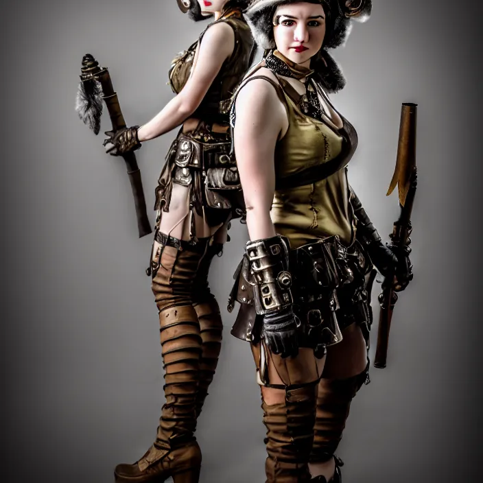 Image similar to full length photo of a very beautiful female dieselpunk warrior, 8 k, hdr, smooth, sharp focus, high resolution, award - winning photo