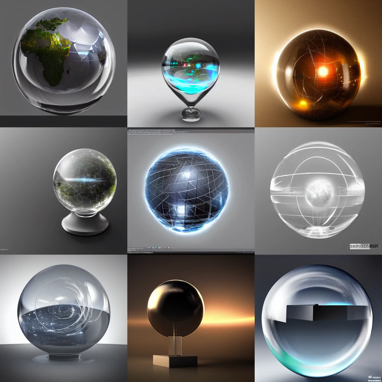 Prompt: a glass sphere surrounds a dark cube, 8k photorealistic, HD, high details, concept art, trending on artstation