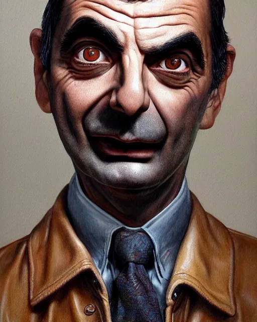 Image similar to portrait of mr bean, gritty, dark, wearing a leather jacket very detailed eyes, hyperrealistic, very detailed painting by Glenn Fabry, by Joao Ruas, by Artgerm