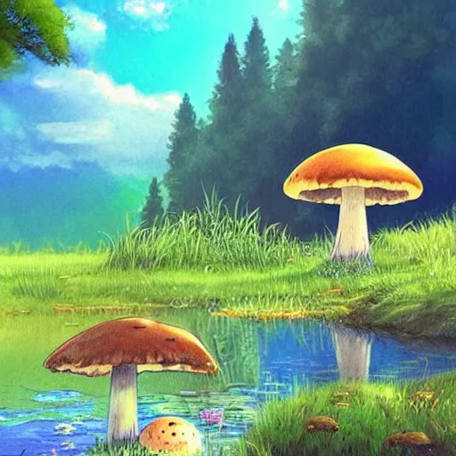 Image similar to a beautiful lake with cute little mushrooms growing around it, fantasy art, 2 d, sunshine, warm colors, relaxing, calm, cozy, peaceful, by studio ghibli