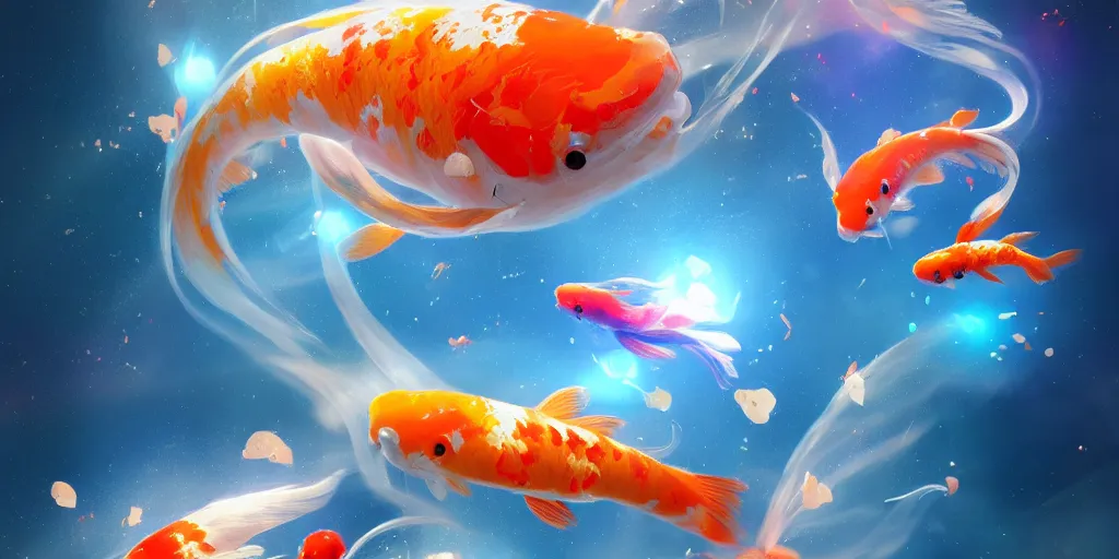 Prompt: koi fish floating in space, realistic detailed digital art by maxwell boas, jessica rossier, christian dimitrov, anton fadeev, trending on artstation, cgsociety, rendered in unreal engine, soft colors, 4 k, hq
