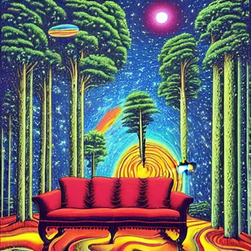 Prompt: psychedelic trippy couch pine forest, planets, milky way, sofa, by rob gonsalves