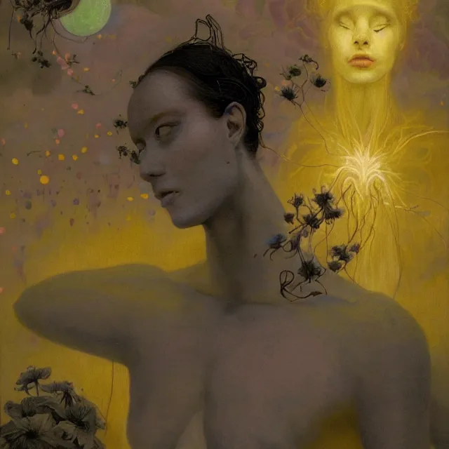 Image similar to A portrait of a woman wearing clothes made out of thunder clouds and flowers, silhouettes of people floating in the air in the background, apocalypse, yellow skin, Masterpiece, glowing, wires everywhere, by Edgar Maxence and Ross Tran, Zdzisław Beksiński, and Michael Whelan, distant, gustav dore, H.R. Giger, 8k, octane render