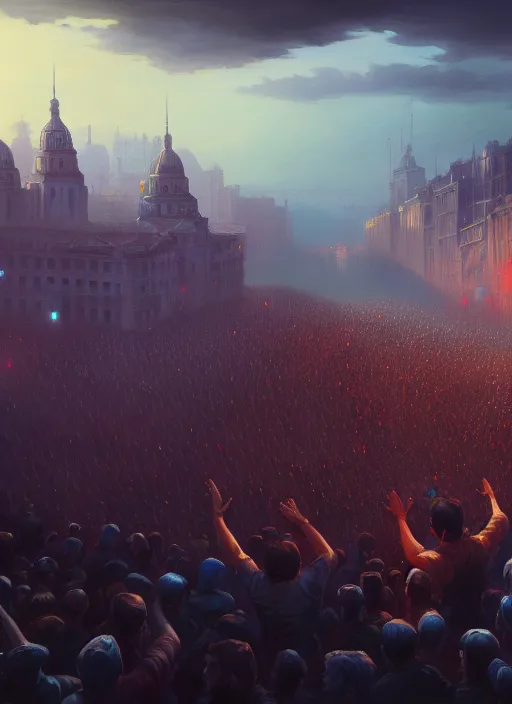 Prompt: painting of a crowd with raised arms pointing towardб demonstration, cinematic view, epic sky, detailed, concept art, low angle, high detail, warm lighting, volumetric, godrays, vivid, beautiful, trending on artstation, by jordan grimmer, huge scene, art greg rutkowski