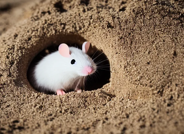 Image similar to dslr photo still of a cute little white mouse peaking out of a sand castle on wet sand in a bright sunny day, 8 k, 8 5 mm f 1. 4