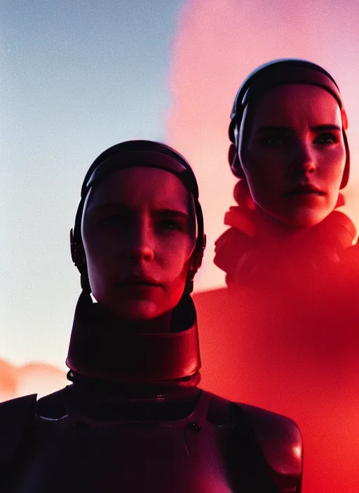 Image similar to cinestill 5 0 d photographic portrait of two loving female androids wearing rugged black techwear on a desolate plain with a red sky, extreme closeup, cyberpunk style, leather garters, dust storm, 8 k, hd, high resolution, 3 5 mm, f / 3 2, ultra realistic faces, ex machina