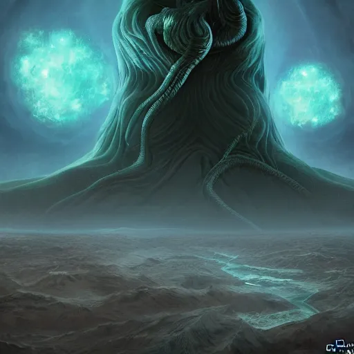 Image similar to gigantic eldritch creature watching earth from space, digital art, realistic, detailed, artstation